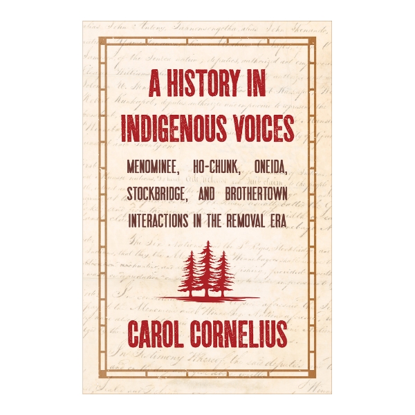	A History in Indigenous Voices book cover featuring title and author's name in bold red text in front of a tan background with faint scripture.