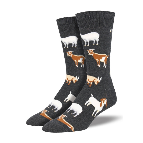 Two gray socks with goat motif design. Repeating tan and white goats placed randomly on the gray socks.