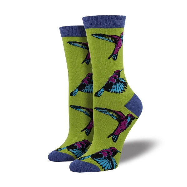 Hummingbird Sock in green featuring purple, light blue, and black hummingbirds flying. Top edge, heel, and toe are blue. 