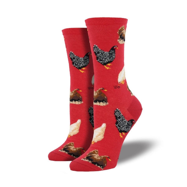 Hen House sock in red featuring different colored hens sitting and standing. Black/white, brown, and white hens.