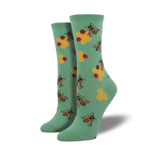 Busy Bee sock in turquoise green featuring yellow bees and honeycombs.