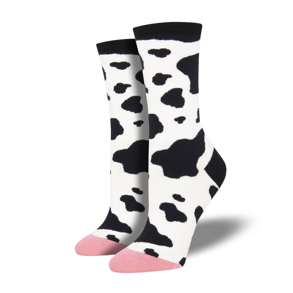 Cow Spots sock featuring black and white cow spots. Toe is pink.