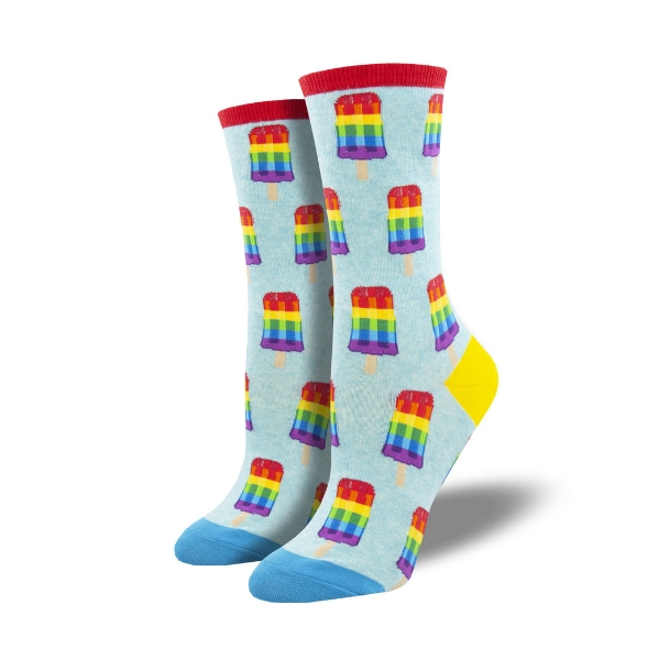 Rainbow Popsicle sock in light blue featuring rainbow popsicles. Top edge is red, heel is yellow, and toe is blue. 