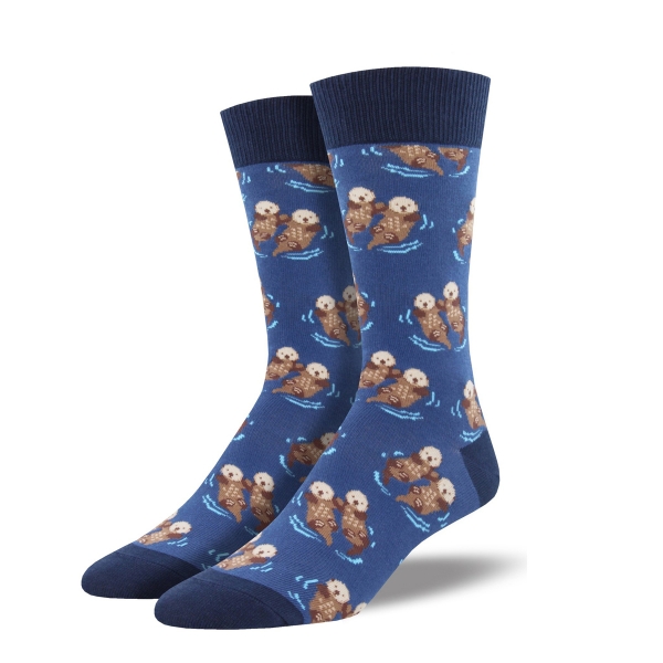 Significant Otter Crew Sock in blue with pairs of brown otters holding hands in water. Top, heel, and toe are dark blue.