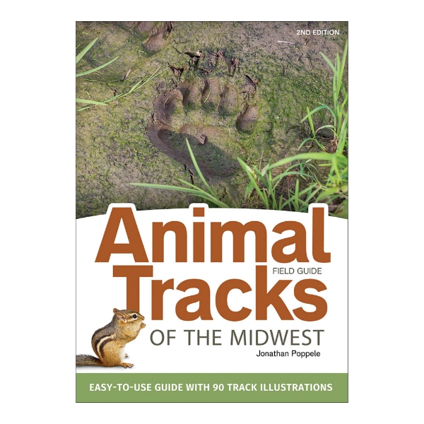 Book cover of "Animal Tracks of the Midwest" with photo of paw print in mud and title in large brown font. 