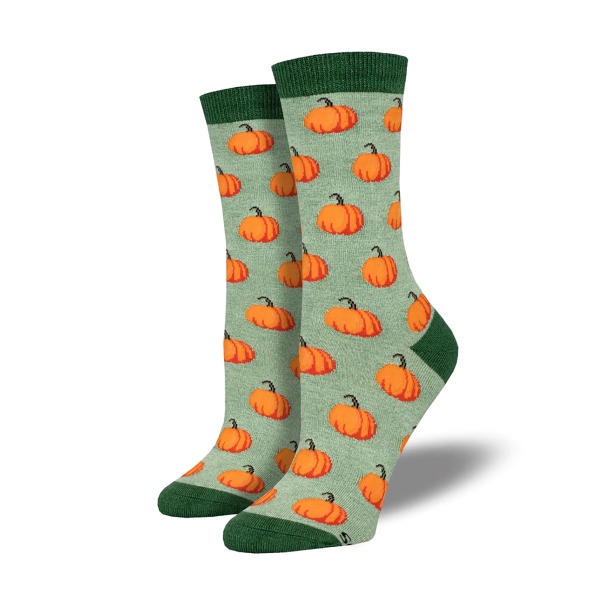 Pumpkin Patch socks in light green featuring orange pumpkins. Top edge, heel, and toe are dark green. 