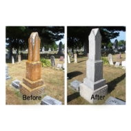 Side-by-side photos of the same gravestone. On the left, a mossy gravestone before cleaning. On the right, a clean gray gravestone.  