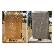 Side-by-side photos of the same gravestone. On the left, a mossy gravestone before cleaning. On the right, a clean gray gravestone.  