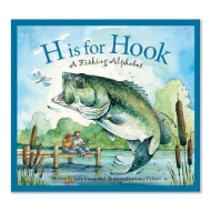 Book cover of "H is for Hook" featuring full color illustration of a large bass fish biting at a mayfly. In the background, two kids sit on a dock with fishing poles.