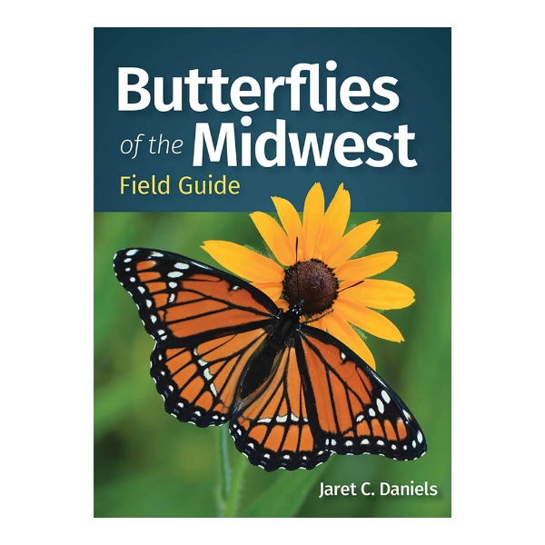 Book cover of Butterflies of the Midwest with color photo of orange monarch butterfly perched on yellow flower. 