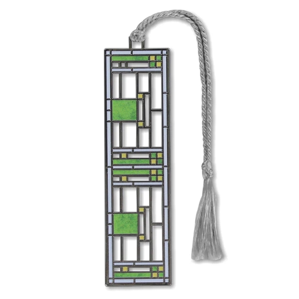 Metal bookmark with rectangular Frank Lloyd Wright design. 