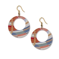 Two round shepherd hook earrings with Frank Lloyd Wright "March Balloons" design in reds and yellows.