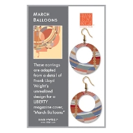 Two round shepherd hook earrings with Frank Lloyd Wright "March Balloons" design in reds and yellows. Shown on display card.