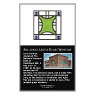 Square lapel pin with gren design inpsired by Louis Sullivan leaded window.  Shown on display card with informative copy.
