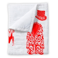 White throw blanket with red illustration print of ringmaster jacket and top hat.