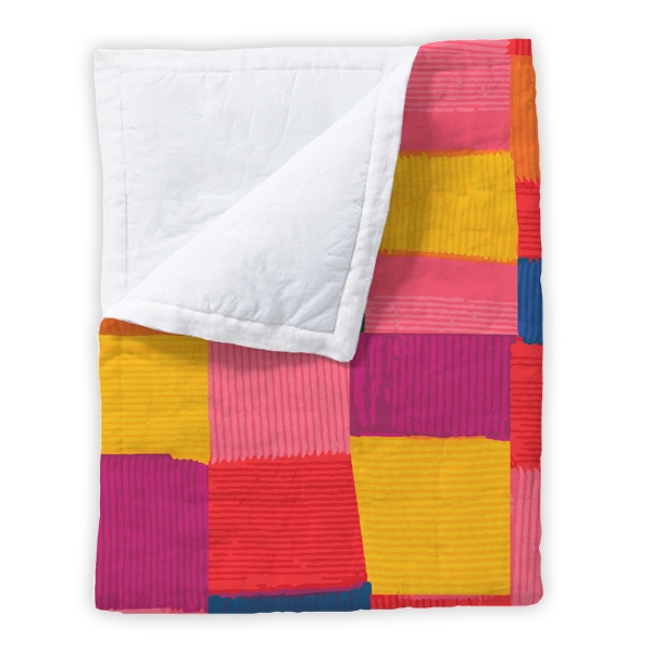 Fleece throw blanket with distorted squares"zany" design. Pink, orange, yellow, purple.