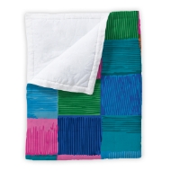Fleece throw blanket with distorted squares"zany" design. Blue, green, and a little pink.