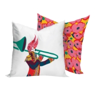 Two square decor pillows with colorful circus theme prints in pinks, greens, white.