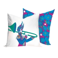 Two square decor pillows with colorful circus theme prints in blues and greens.
