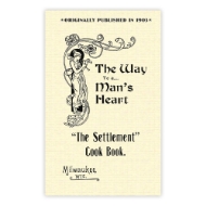 Off-white book cover of "The Settlement Cookbook" with the title in antique black font and an illustration with floral embellishments and a woman playing flutes.