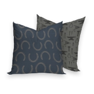 Square decorator pillow with dark horseshoe design print on one side and blacksmith tool silhouettes on the other. Dark blue, black, and gray. 