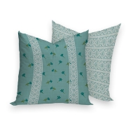 Square decorator with teal design, small wildflowers on one side and white lace pattern on reverse.