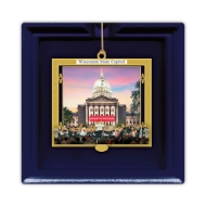 Back of 2023 State Capitol Ornament "Celebrating Concerts on the Square" shown seated in dark blue gift box.