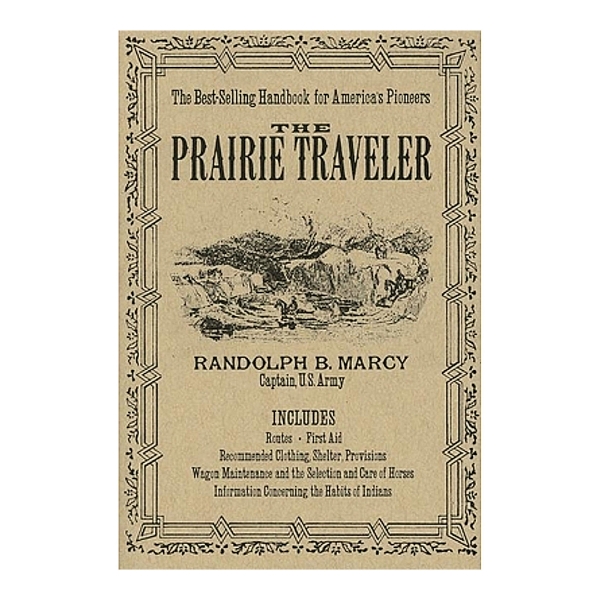 Brown paperback front cover of "The Prairie Traveler" with vintage looking black font and black and white geometric border design.  