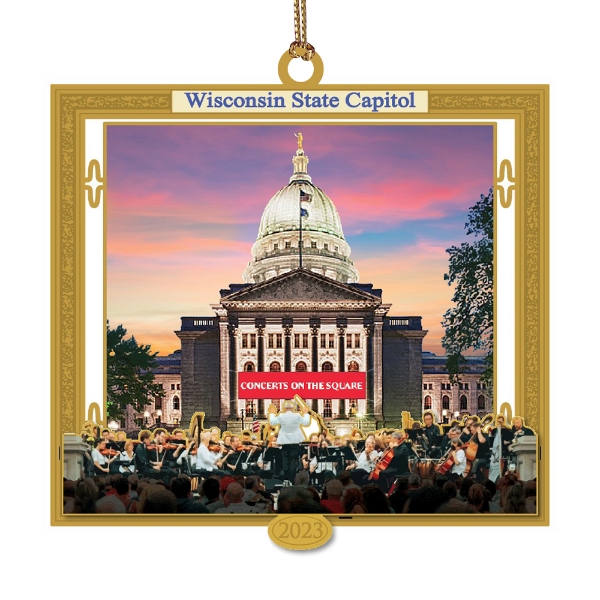 Front of 2023 State Capitol Ornament showing image of the Wisconsin State Capitol building illuminated at twighlight and the symphony plays in the foreground.