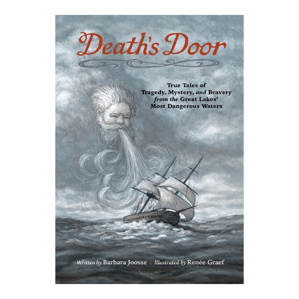 Book cover of children's book, "Death's Door", with illustration of a wooden sailing vessel in stormy waters. 