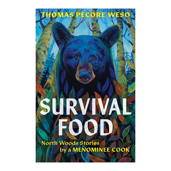 Book cover of "Survival Food" by Thomas Pecore Weso with illustration of a black bear and book title in bold white font. 