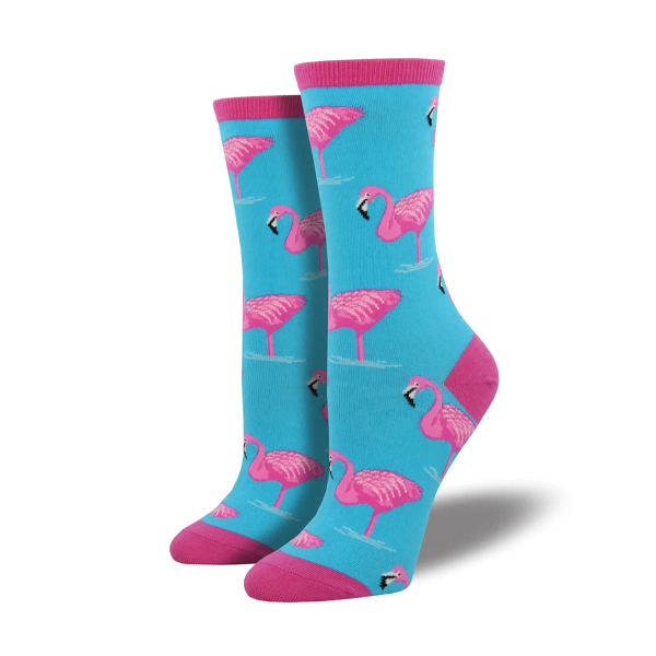 Two bright blue socks with repeating pink flamingos design. 