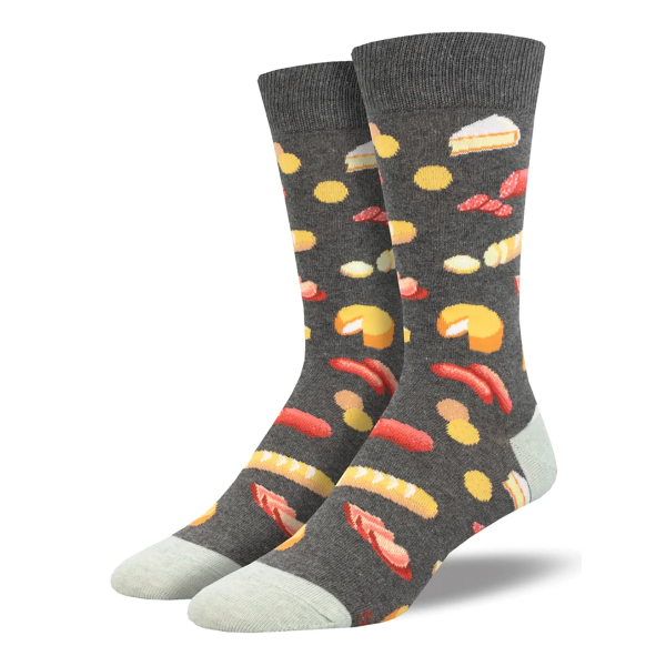 Two gray socks with charcuterie motif design - illustrations of sausages and cheese. Light gray toe cap and cuff.