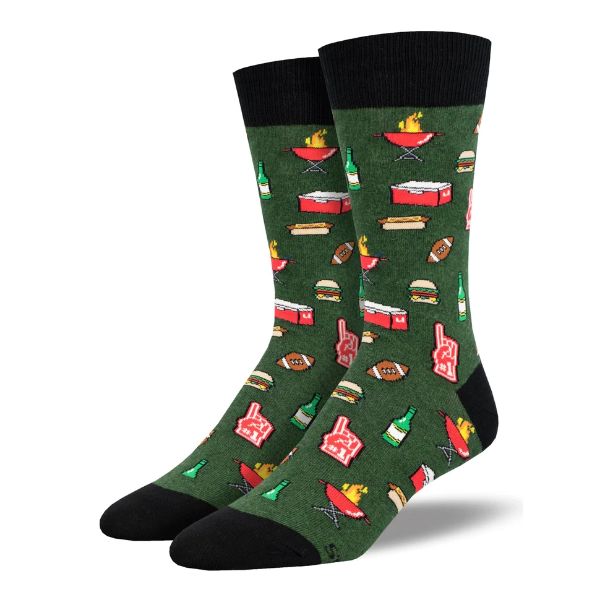 Two green "tailgater" sock with pregame designs like footballs, grills, hot dogs, and burgers. 