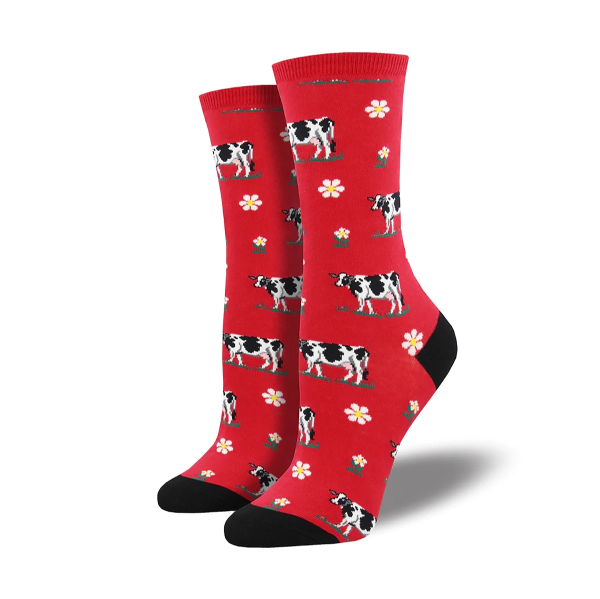Two red socks with cow and daisy motif. Black heal cap and toe cap.
