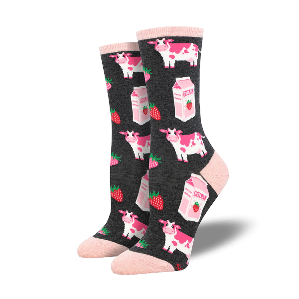Two gray heather "strawberry milk" socks with pink cows and milk cartons. Pink toe cap, heal and cuff.