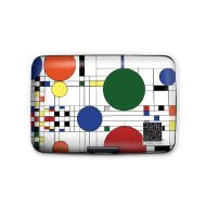 Rectangular clasp-closure wallet with Frank Lloyd Wright geometric design with colorful circles and black lines.