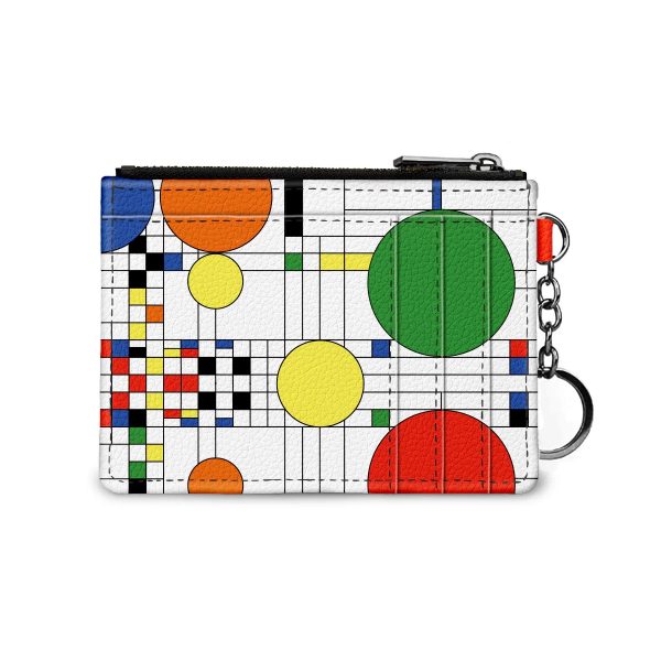Small zipper wallet with three side pockes for credit cards. Metal key chain attached to corner. Colorful and geometric circles design by Frank Lloyd Wright.