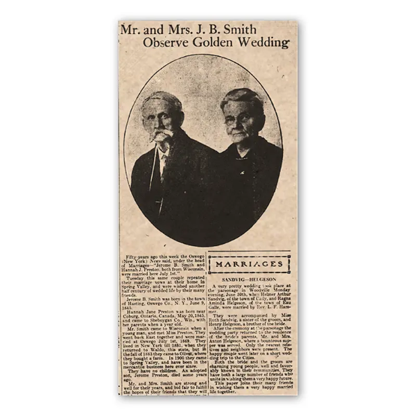 Newspaper clipping of golden wedding anniversary dated 1919. Black and white image of couple in oval. 