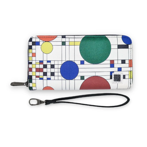 Rectangular zipper wallet with colorful, geometric Frank Lloyd Wright design.