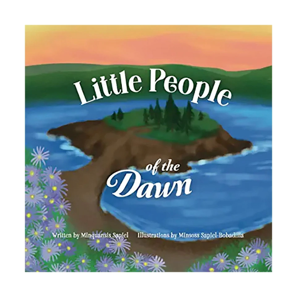 Book cover of "Little People of the Dawn" with illustration of a small penninsula or promontory in a lake or stream with green hills on the horizon. Orange sky. 