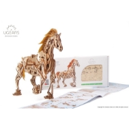 Mechanical wooden horse model by Ugears shown with instruction sheet and product box. Made from small, laser-cut pieces of thin plywood.