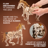 Mechanical wooden horse model by Ugears shown from two different angles and with text describing aspects of the model "Claw mechanism to animate the legs," etc. Made from small, laser-cut pieces of thin plywood. Main and tail made of rubber.
