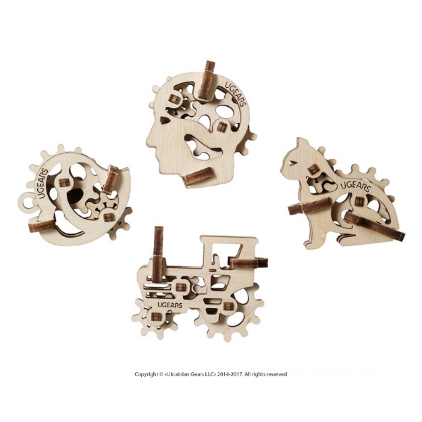 Four mini U-Fidget models by UGears, each made of laser cut wood parts for the user to assemble.  