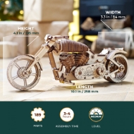 Side view of small wooden motorcycle model kit by UGears, assembled. Text highlights details like length (10.1" and number of parts (189).