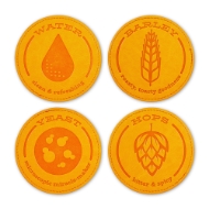 Four circular leather coasters, orange. with embosed text and imagery related to beer: barley, water, hops, yeast.