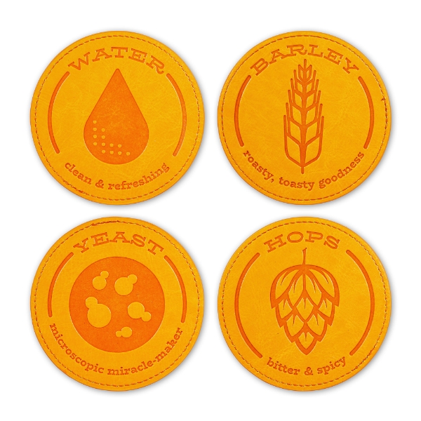Four circular leather coasters, orange. with embosed text and imagery related to beer: barley, water, hops, yeast.