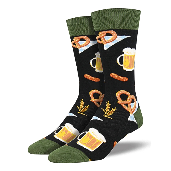 Pair of men's socks with beer mug and pretzel design on black background. Dark green toe cap and cuff.