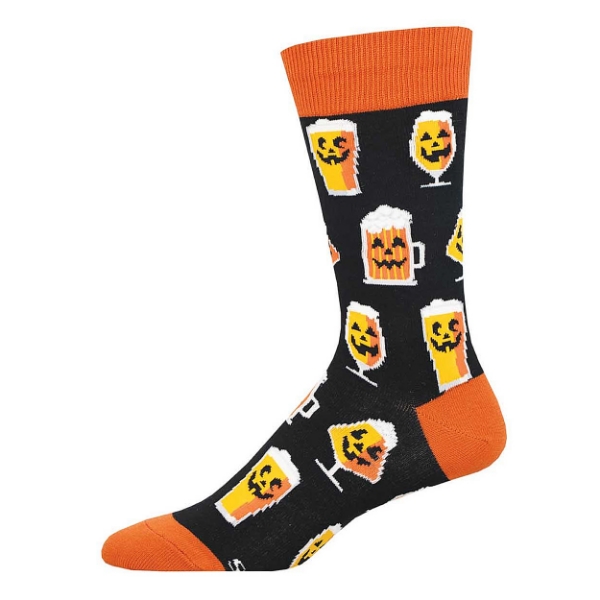 Brown socks with jack-o-lantern-faced beer glass designs. Orange toe, heal cap, and cuff.