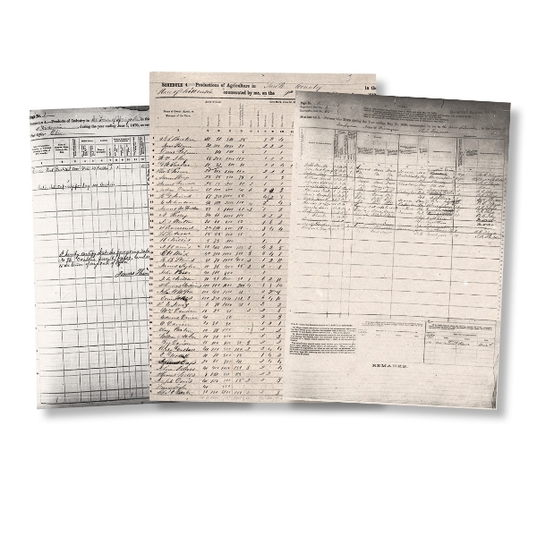 Three scans from U.S. census records from the 1800's, shown as examples of the Wisconsin Historical Society's census records.
